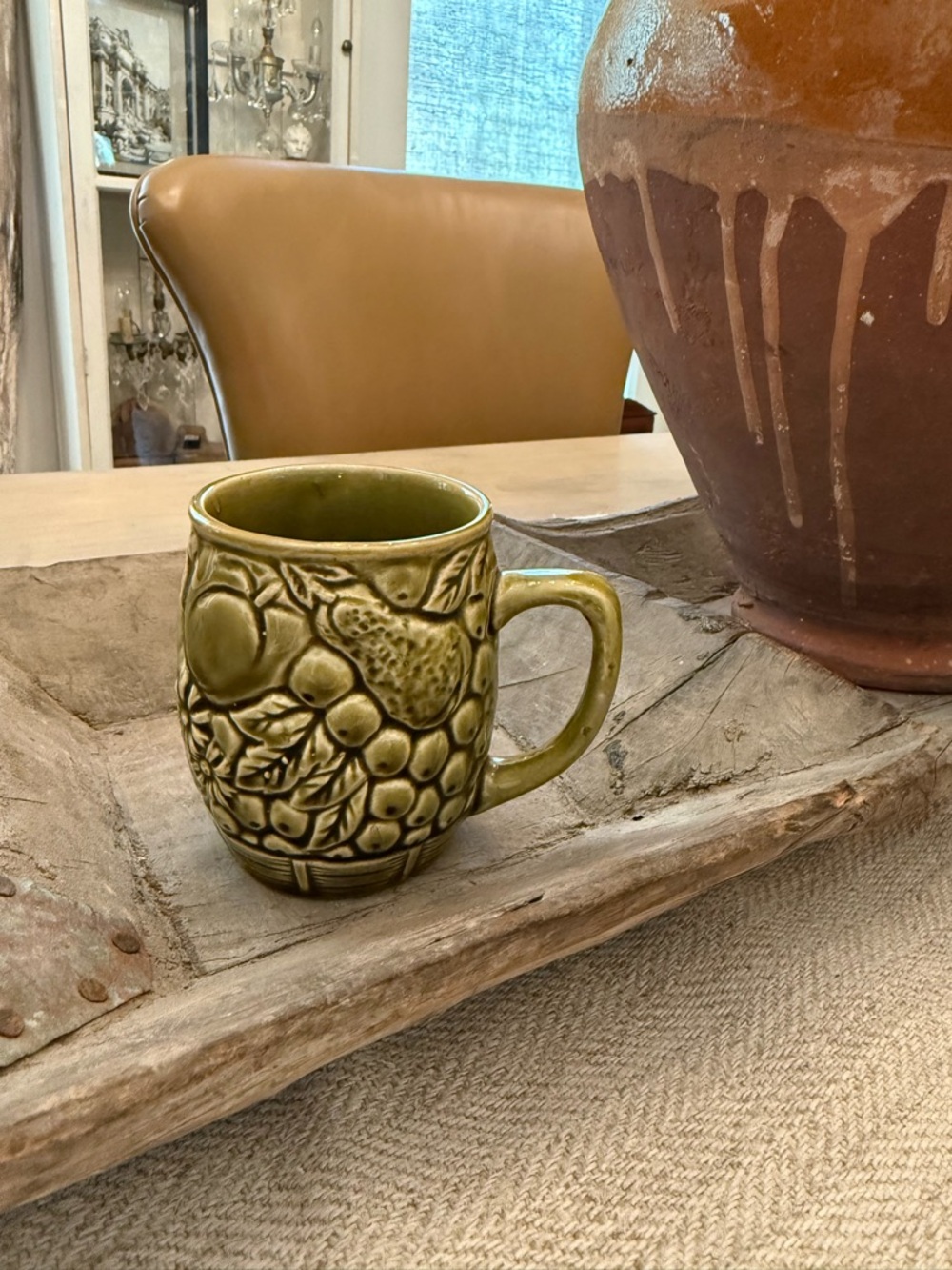Vintage Avocado Olive Green Inarco Fruit Basket Textured Fruit Motif Ceramic Mug
